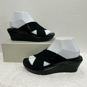 Dansko Ava Black Leather Platform Wedge Sandals
